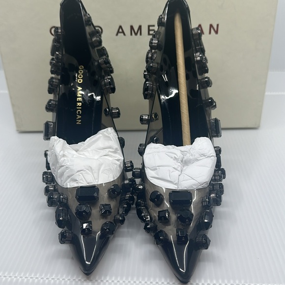 BN IN BOX Good American Light smoke Jeweled Emma Heels Sz 4 - Picture 5 of 9